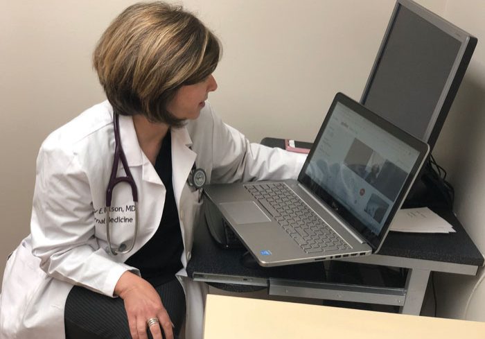Dr. Amy Wilson of the Community Care Clinic of Rowan County takes a telemedicine video call. Submitted photo